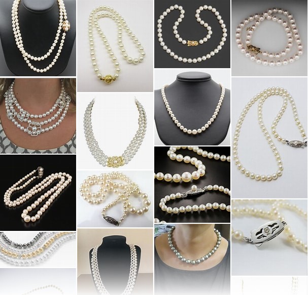Picture collage of search result for Mikimoto Pearls 
showing pearl necklaces